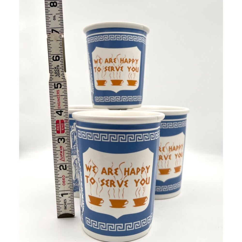 "We Are Happy To Serve You" Ceramic Coffee Cups (Set of 4) New York Greek Design - Picture 7 of 7